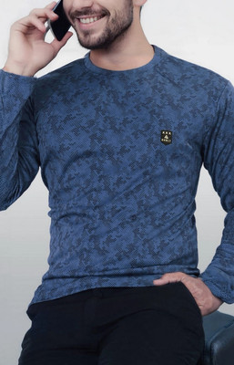 AVOLT Printed Men Round Neck Dark Blue T-Shirt