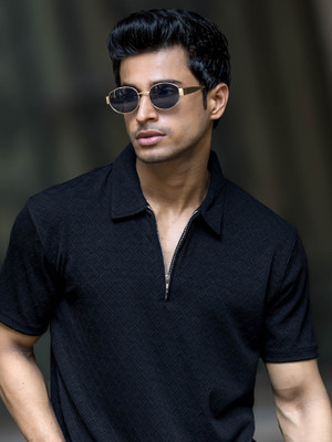 MANIAC Self Design Men Polo Neck Black T-Shirt