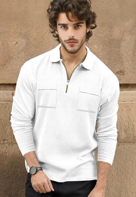 TRIPR Self Design Men Polo Neck White T-Shirt