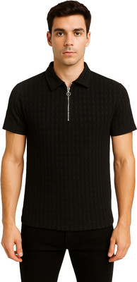 YUALIN CREATION Self Design Men Zip Neck Black T-Shirt