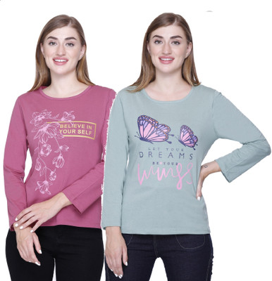 Star Touch Printed Women Round Neck Pink, Light Green T-Shirt