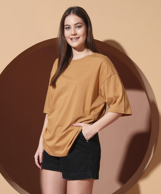 DreamBe Printed Women Round Neck Brown T-Shirt