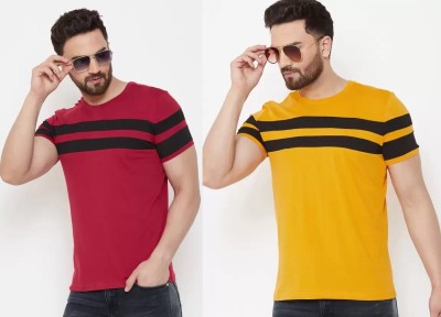 COUNTRY YARD Striped Men Round Neck Maroon, Yellow T-Shirt