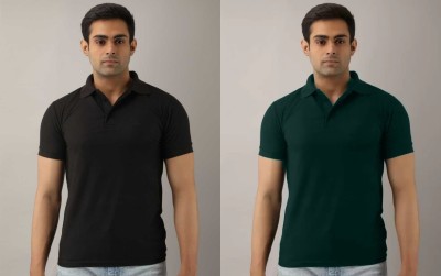 Silver Swan Solid Men Polo Neck Black, Green T-Shirt