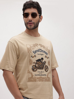 Roadster Printed Men Round Neck Beige T-Shirt