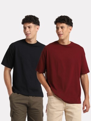 NOBERO Solid Men Round Neck Black, Maroon T-Shirt