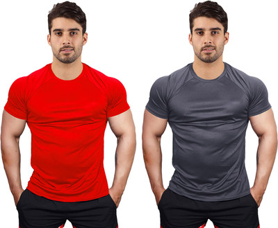 UDI n ADI Solid Men Round Neck Red, Grey T-Shirt