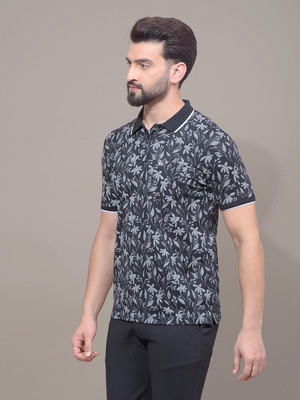 CRIMSOUNE CLUB Floral Print Men Polo Neck Black T-Shirt