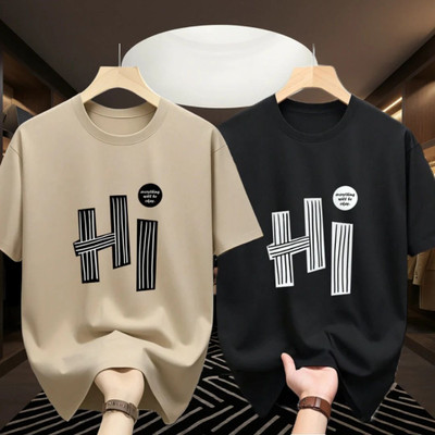 Madilyn Typography Men Round Neck Black, Beige T-Shirt