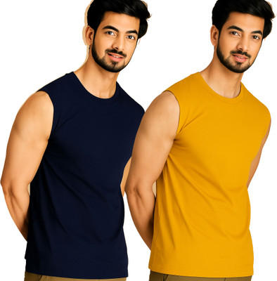 Jangoboy Solid Men Round Neck Dark Blue, Yellow T-Shirt
