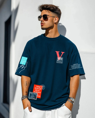 FastColors Printed Men Round Neck Reversible Blue T-Shirt