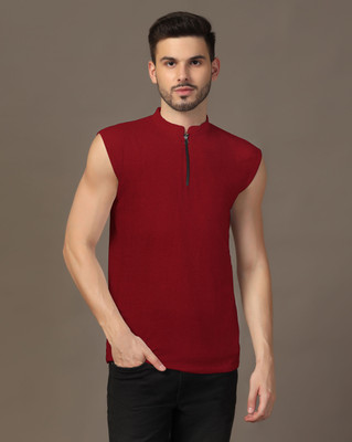 Blisstone Solid Men Mandarin Collar Maroon T-Shirt