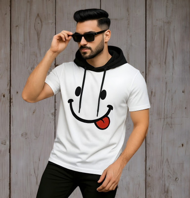 Ramawati enterprises Printed Men Hooded Neck White, Black T-Shirt