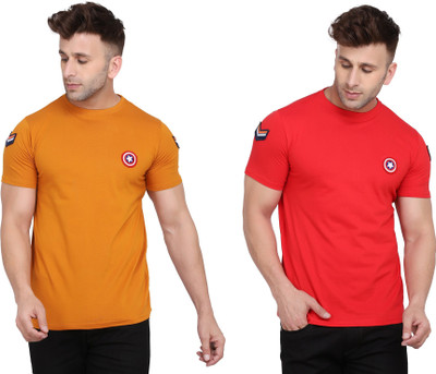 GEUM Solid Men Round Neck Red, Gold T-Shirt