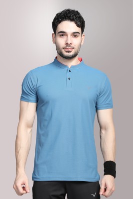 wewok Self Design, Solid, Sporty Men Mandarin Collar Blue T-Shirt