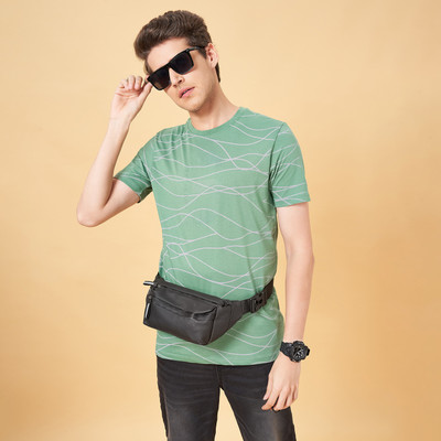 SF Jeans by Pantaloons Striped Men Round Neck Green T-Shirt