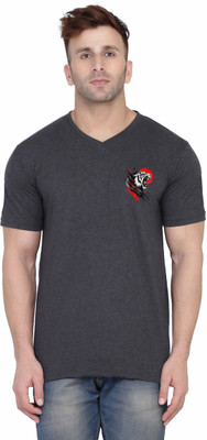 Blisstone Printed Men V Neck Grey T-Shirt