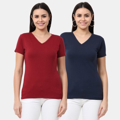 Wafaa Solid Women V Neck Maroon, Navy Blue T-Shirt