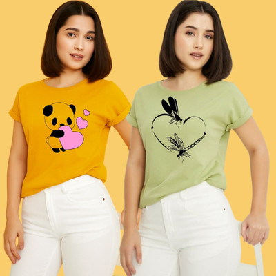 Kintu Parantu Printed Women Round Neck Yellow, Green T-Shirt