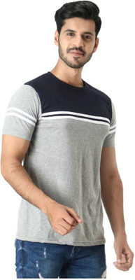 flora shine Striped Men Round Neck Grey T-Shirt