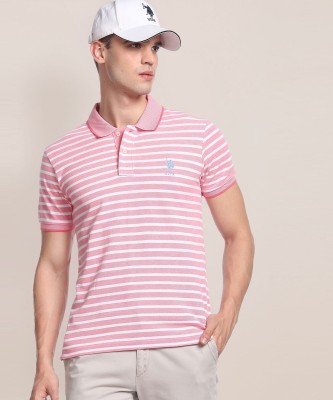 U.S. POLO ASSN. Striped Men Polo Neck Pink T-Shirt