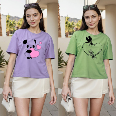 Herway Printed Women Round Neck Purple, Green T-Shirt