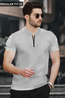 TRIPR Solid Men Mandarin Collar Grey T-Shirt