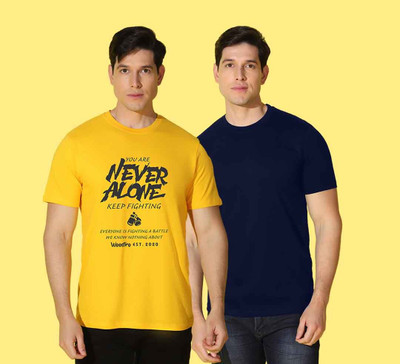 WOOSTRO Printed, Solid Men Round Neck Yellow, Blue T-Shirt