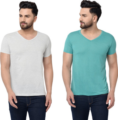 Tresna Trending Solid Men V Neck Grey, Light Green T-Shirt