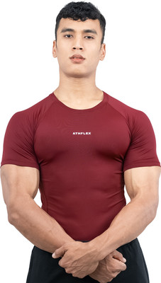 Athflex Solid Men Round Neck Maroon T-Shirt