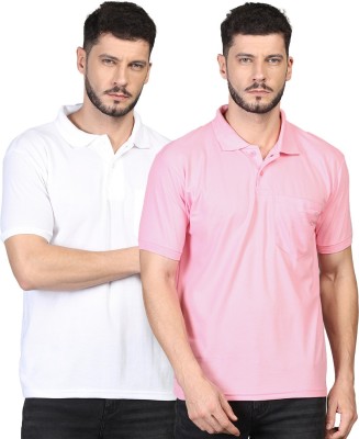 INKKR Solid Men Polo Neck White, Pink T-Shirt