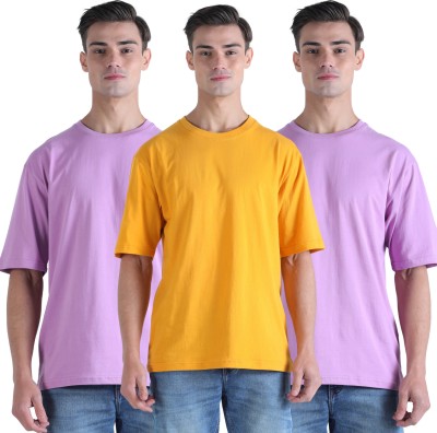 Soft knus Solid Men Round Neck Yellow, Purple T-Shirt