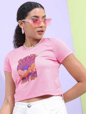 Tokyo Talkies Printed Women Round Neck Pink T-Shirt