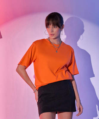 BuyNewTrend Solid Women Round Neck Orange T-Shirt