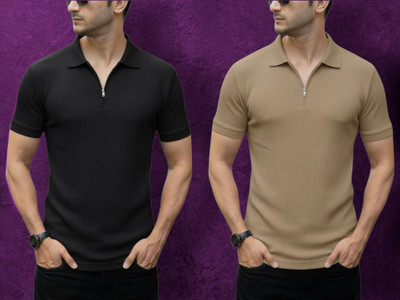The Stanch Self Design Men Polo Neck Black, Beige T-Shirt