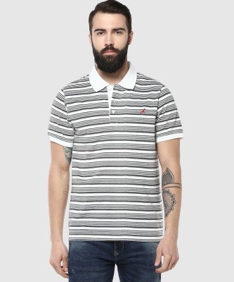 American Crew Printed, Striped Men Polo Neck White, Black T-Shirt