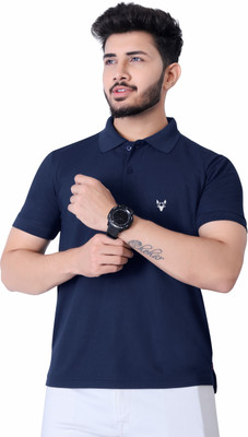 KASHIRA Solid Men Polo Neck Navy Blue T-Shirt