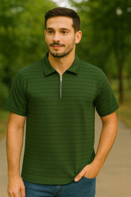 METRONAUT Striped Men Zip Neck Dark Green T-Shirt