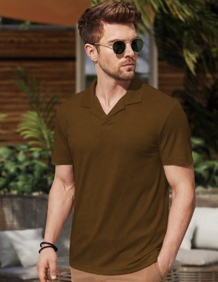 LIME Solid Men Polo Neck Brown T-Shirt