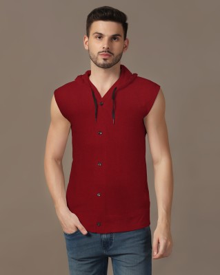 Blisstone Solid Men Hooded Neck Maroon T-Shirt