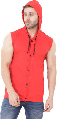 GEUM Solid Men Hooded Neck Red T-Shirt
