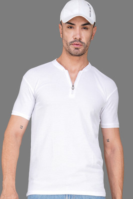 NB NICKY BOY Self Design Men Mandarin Collar White T-Shirt