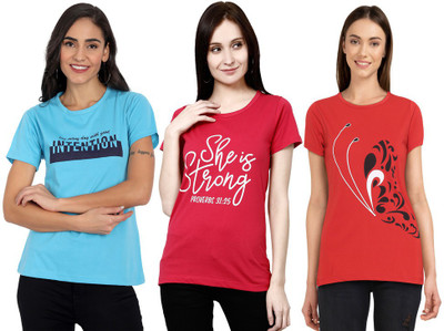 CHOZI Typography Women Round Neck Light Blue, Red, Pink T-Shirt