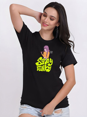 Moda Rapido Self Design Women Round Neck Black T-Shirt