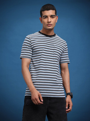 Roadster Striped Men Round Neck Blue T-Shirt