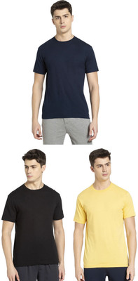 JOCKEY Solid Men Round Neck Black, Yellow, Navy Blue T-Shirt