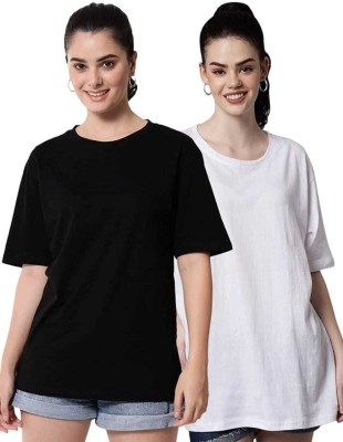 THREADFLARE Solid Women Round Neck Black, White T-Shirt