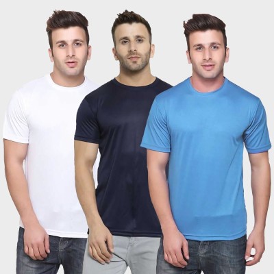 TQH Solid Men Round Neck Dark Blue, Light Blue, White T-Shirt