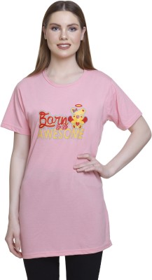 Biwu Typography Women Round Neck Pink T-Shirt