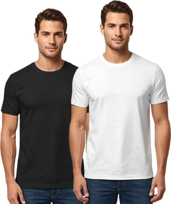CELMERY Solid Men Round Neck Black, White T-Shirt